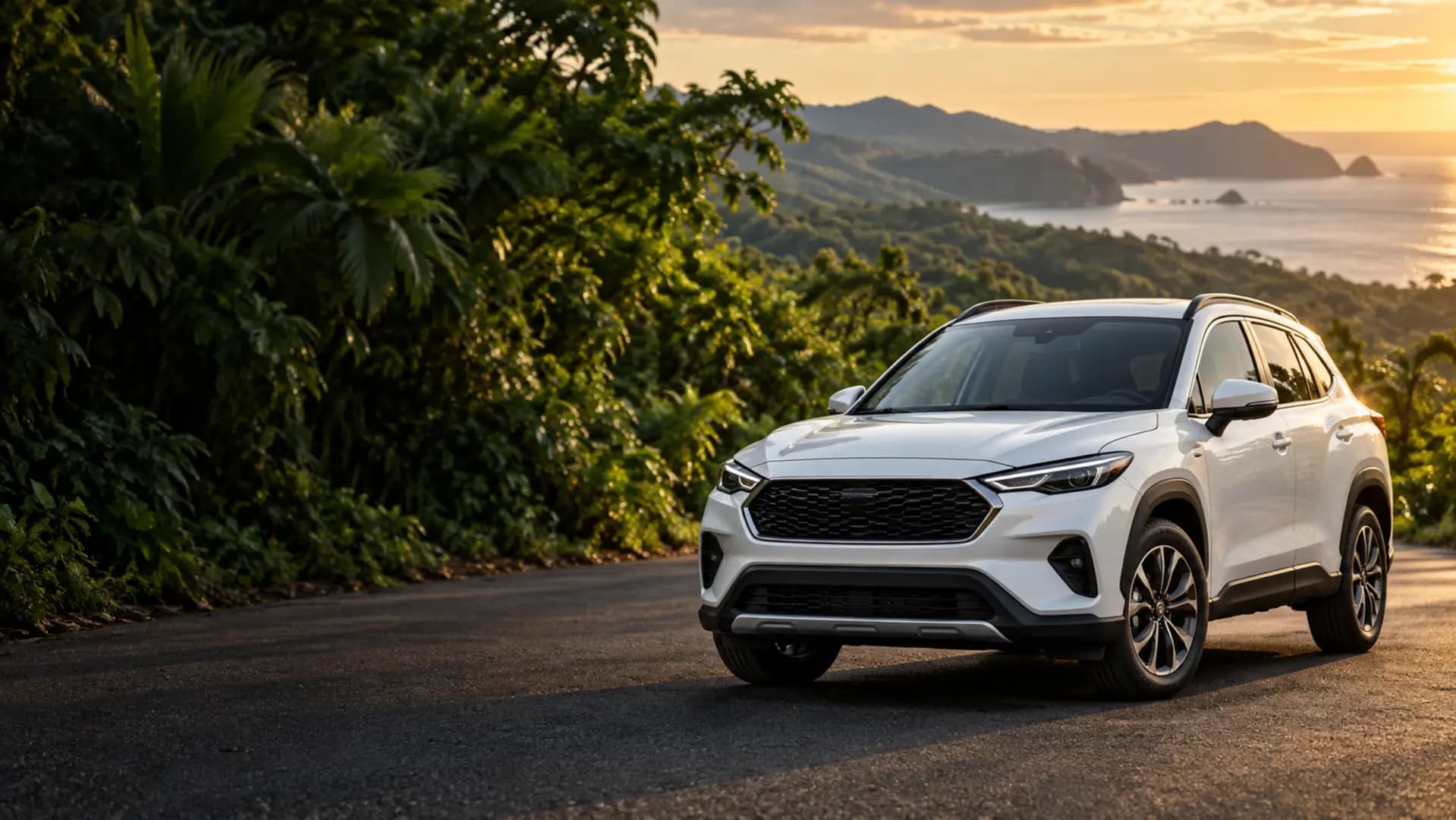 A white SUV on a road surrounded by Costa Rican nature