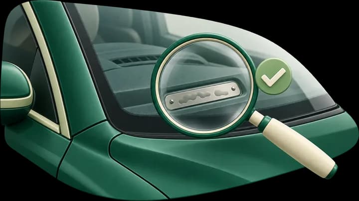 Una lupa sobre la placa del VIN en el parabrisas de un carro